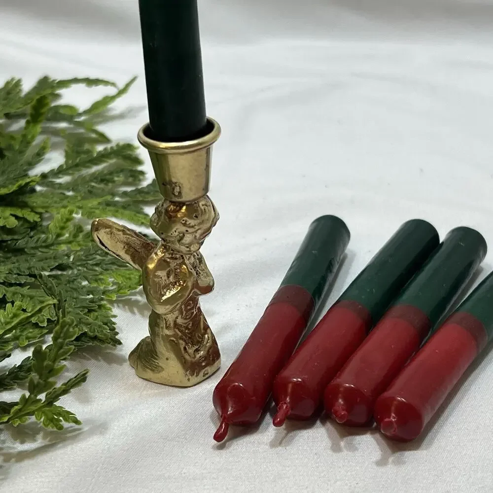 Vintage Brass 2.75” Praying Angel Christmas Candlestick Holder + 5 Candle Tapers
